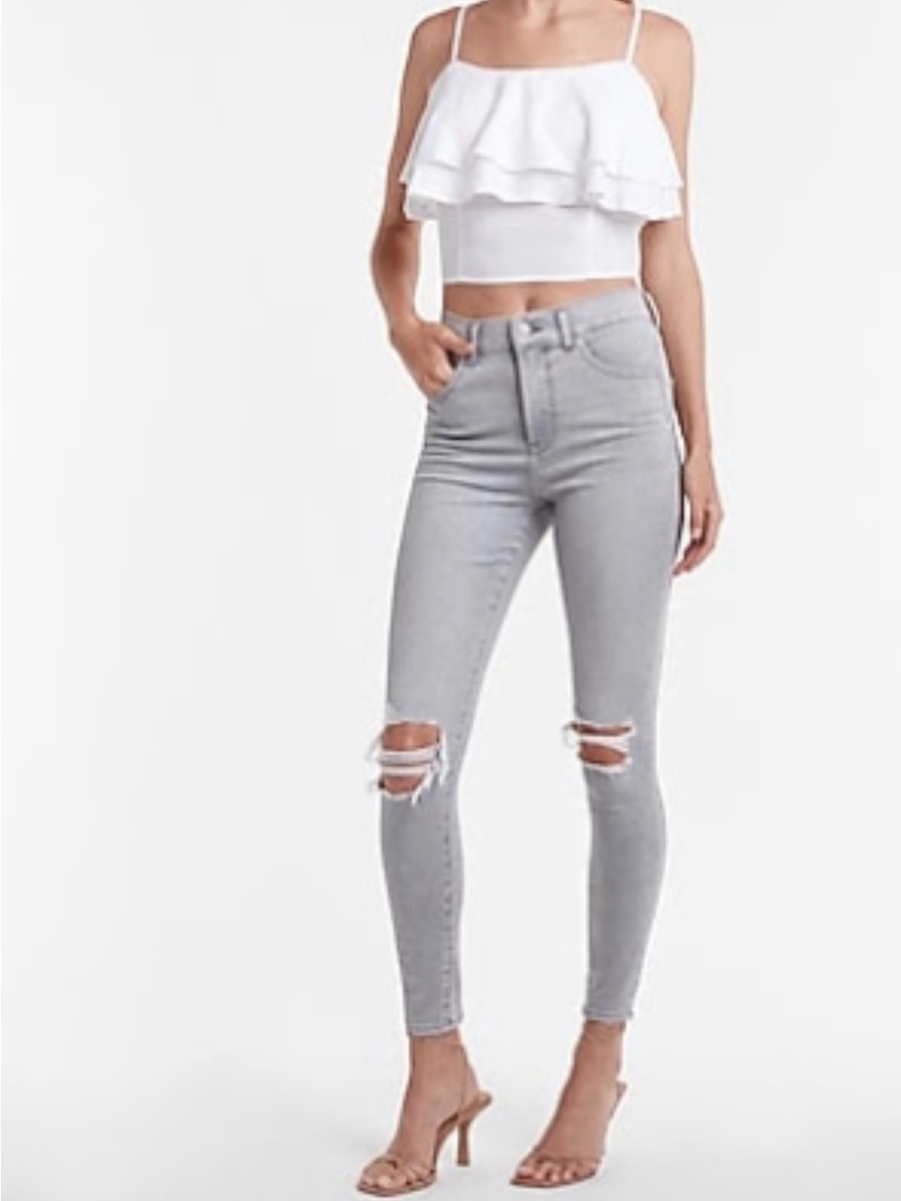 Express Light Gray Distressed High Rise Skinny Jeans 00R Fall Grey Denim Pants
